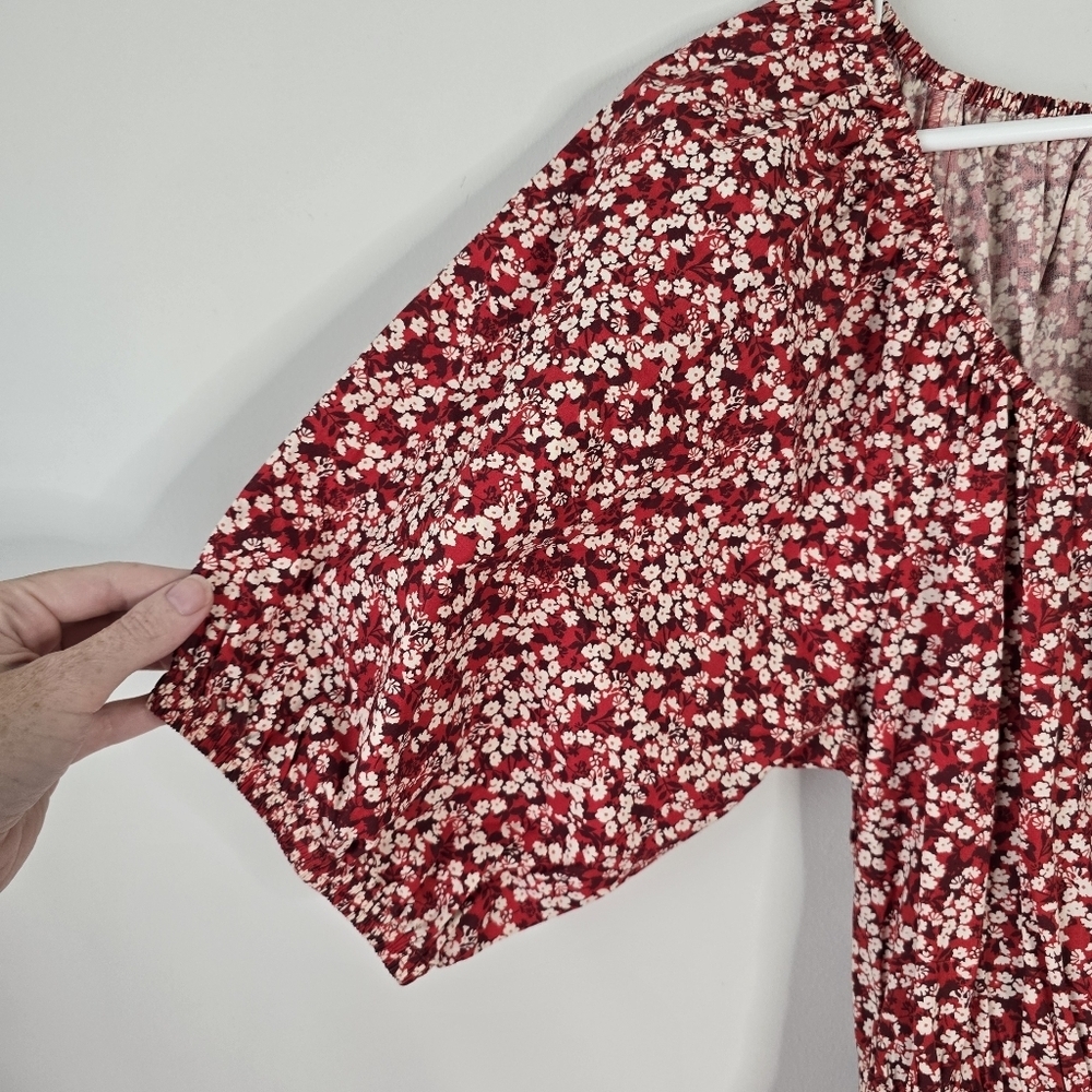Apiece Apart Nova Red Floral Midi Dress M Organic Cotton Cut Out Back Pockets - Picture 6 of 16